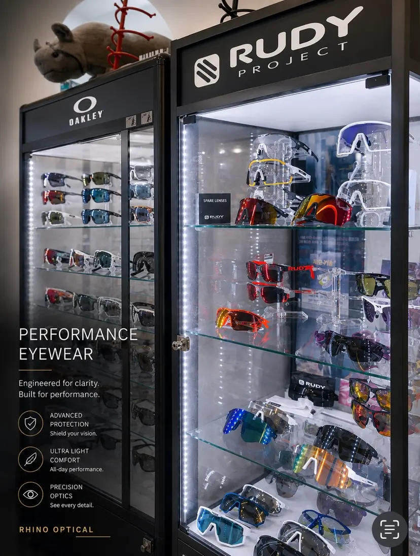 Oakley and Rudy Project performance eyewear cabinet